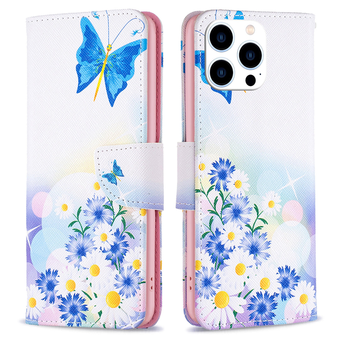 PU Leather Pattern Printing Wallet Case for iPhone 15 Pro , Stand Anti-drop Phone Cover - Butterfly and Flowers PU Leather Pattern Printing Wallet Case for iPhone 15 Pro , Stand Anti-drop Phone Cover - Butterfly and Flowers